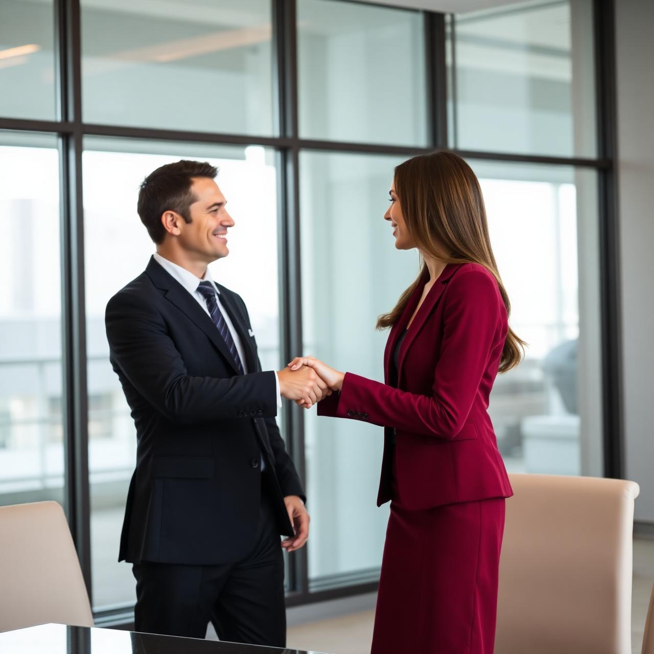 Employer and recruitment partner shaking hands in a modern boardroom