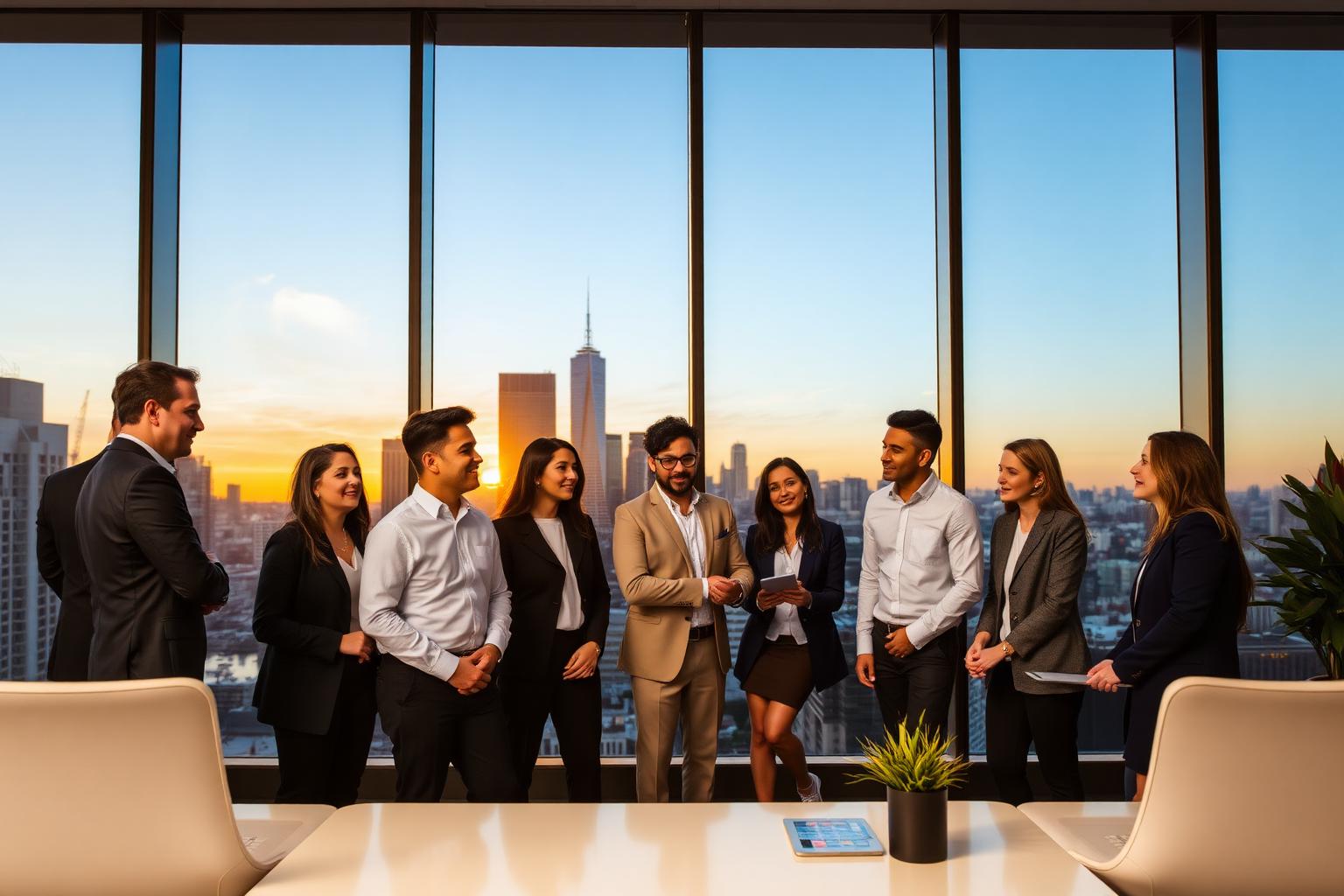 Global team of professionals collaborating in a corporate boardroom