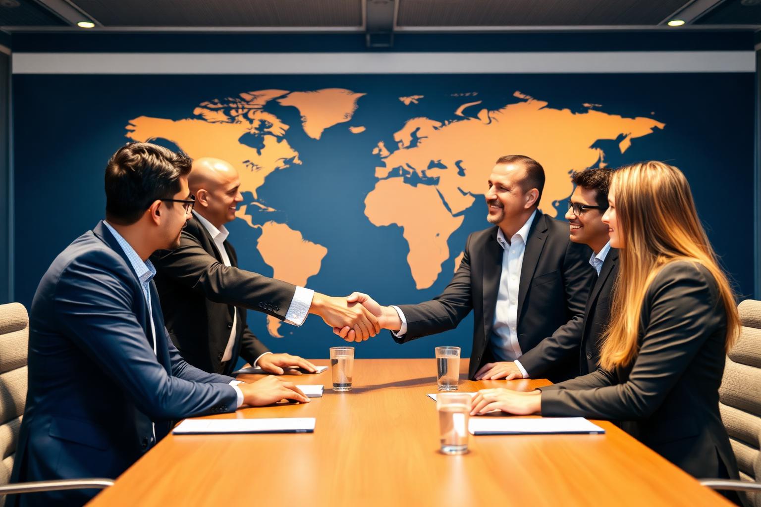 Global recruitment partners shaking hands at a boardroom with world map