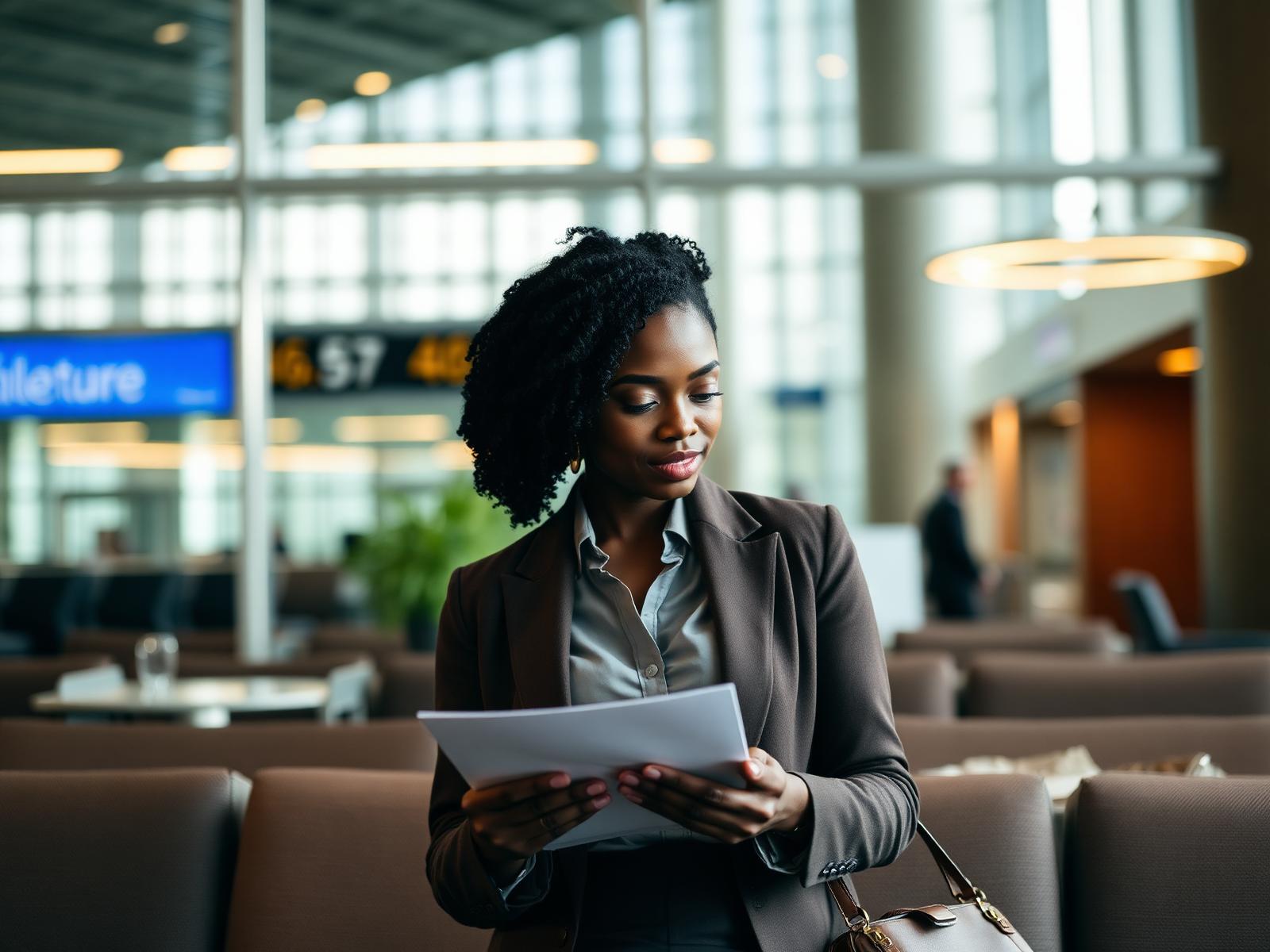 African professional reviewing documents at international airport lounge